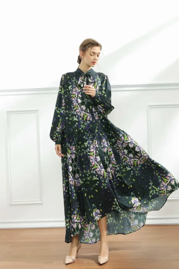 Women's Runway Dresses Lace Up Collar Long Puff Sleeves Floral Printed Loose Design Fashion High Street Hi Low Maxi Dresses