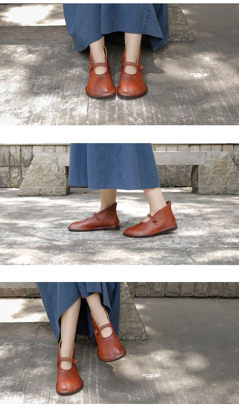 Flats Women Shoes Autumn Retro Buckle Strap Round Toe Genuine Leather Sewing Handmade Casual Ladies Shoes - Image 9