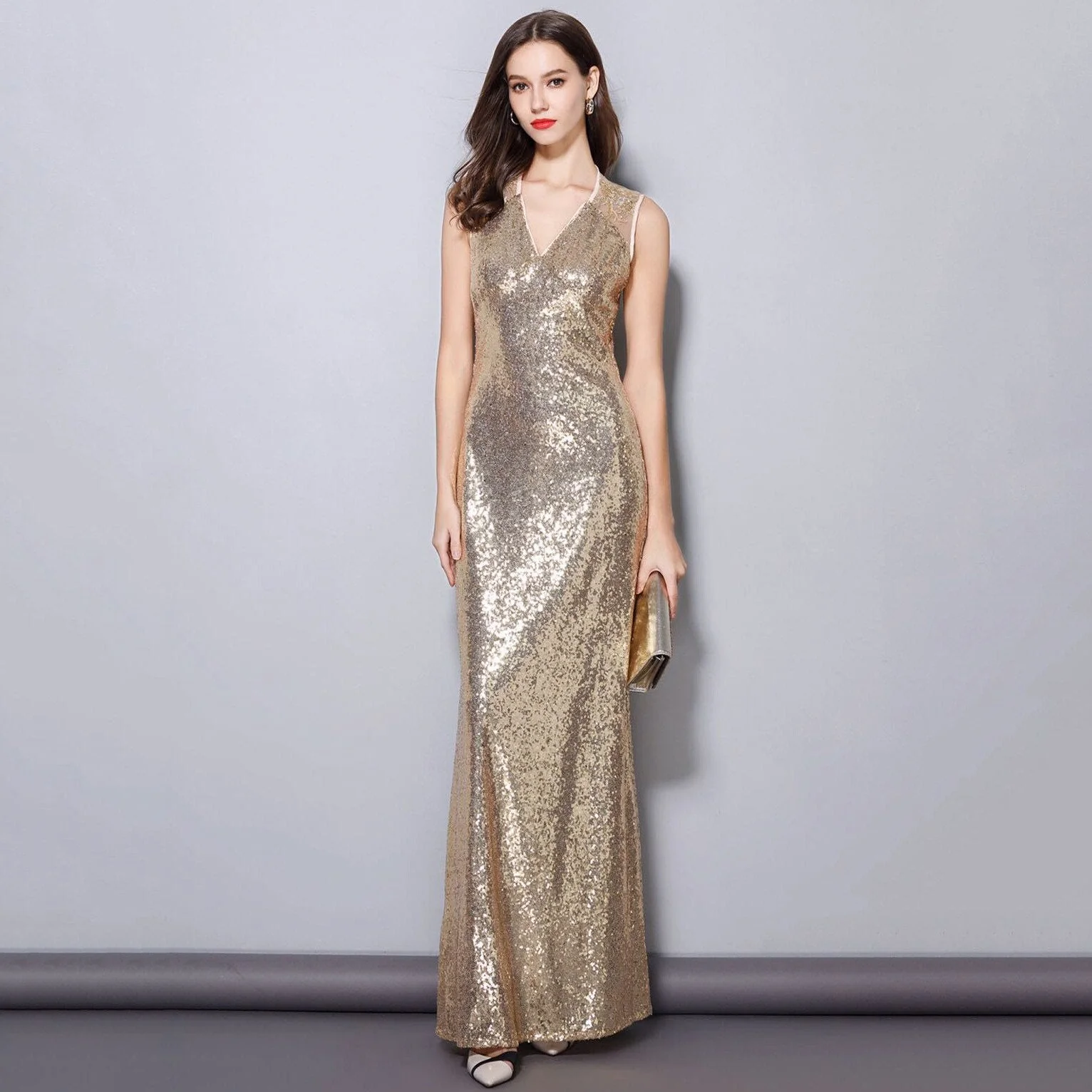 Women's Runway Dresses Sexy V Neck Emboridery Sleeveless Sequined Elegant Fashion Party Prom Long Maxi Vestidos - Image 2