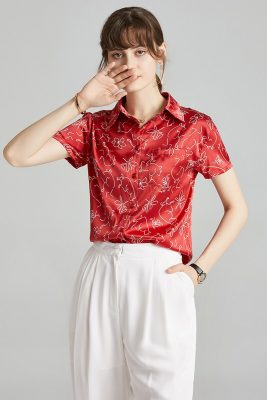 100% Pure Silk Women's Runway Shirts Turn Down Collar Printed Short Sleeves Elegant  Fashion Shirt Blouses