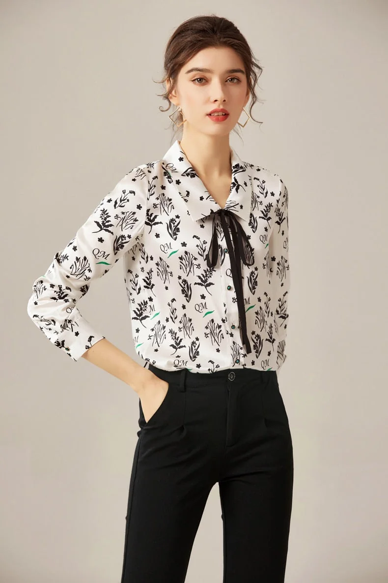 100% Silk Women's Shirt Turn Down Collar Lace Up Printed Long Sleeves Fashion Casual Blouse Tops - Image 6