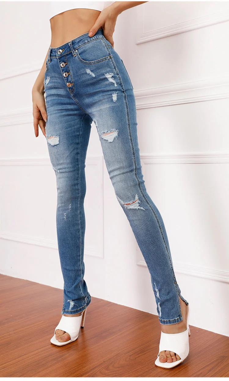 Ripped Mid-waist Stretch Jeans Women's Trousers Pencil Pants Split Hem Destroy Jeans - Image 4