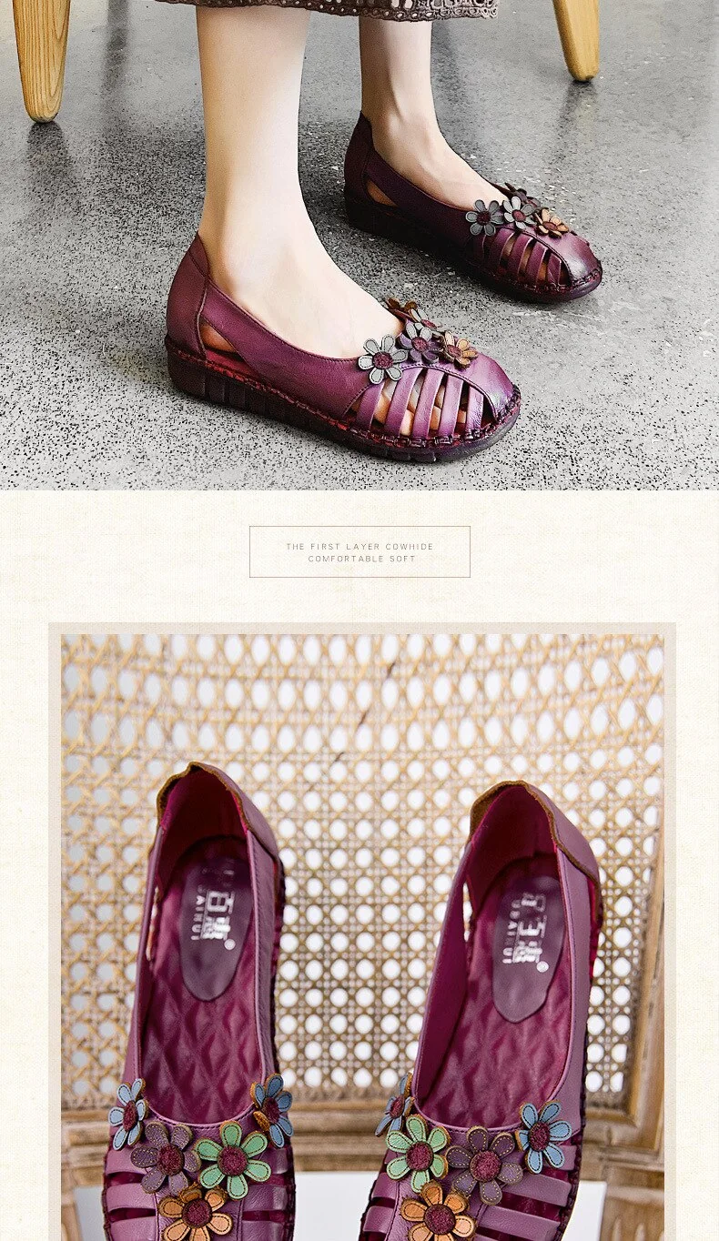 Genuine Leather Ladies Flat Summer Shoes Woman Slip On Casual Loafers With Flowers Round Toe Soft Comfort Sandals Female - Image 3
