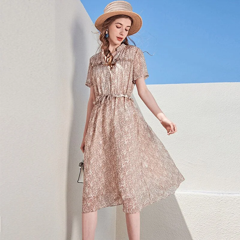 100% Silk Women's Runway Dresses Sexy V Neck Short Sleeves Printed Ruffles Fashion Casual Mid Summer Dresses - Image 2