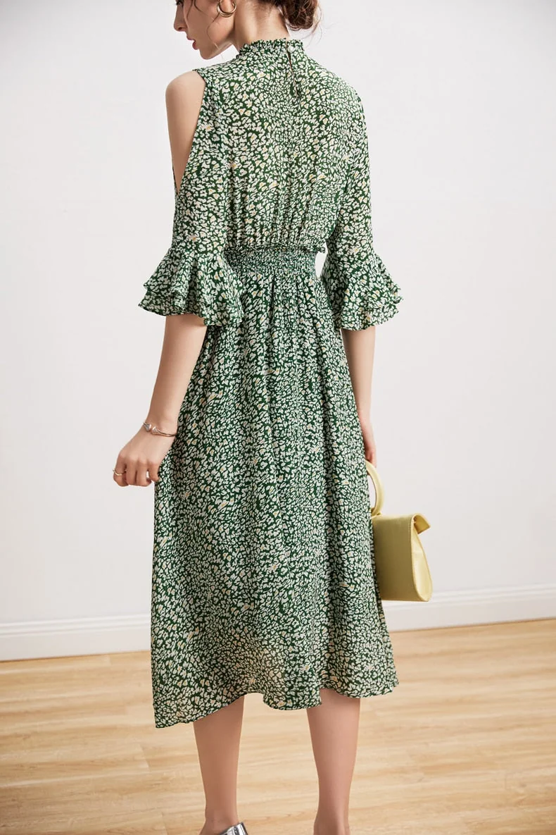 100% Silk Women's Dresses Stand Collar 3/4 Sleeves Off the Shoulder Printed Elgant Holiday Dress - Image 7