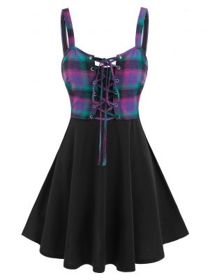Casual Dress Plus Size Plain Flare Cami Dress And Plaid Print Lace-Up Tank Top Sleeveless Women Mini Party Dress Vintage
