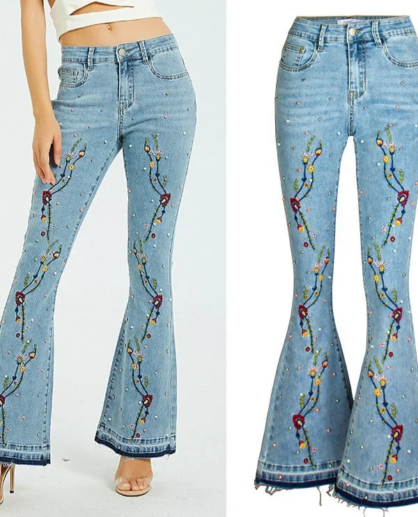 Floral Embroidery Jeans WomanWomen Vintage Ladies Jeans Embroidered Flares Pants