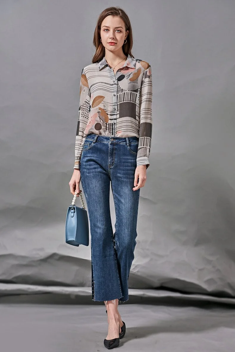100% Silk Women's Shirt Turn Down Collar Long Sleeves Printed Elegant Blouse Fashion Camisa Tops - Image 2