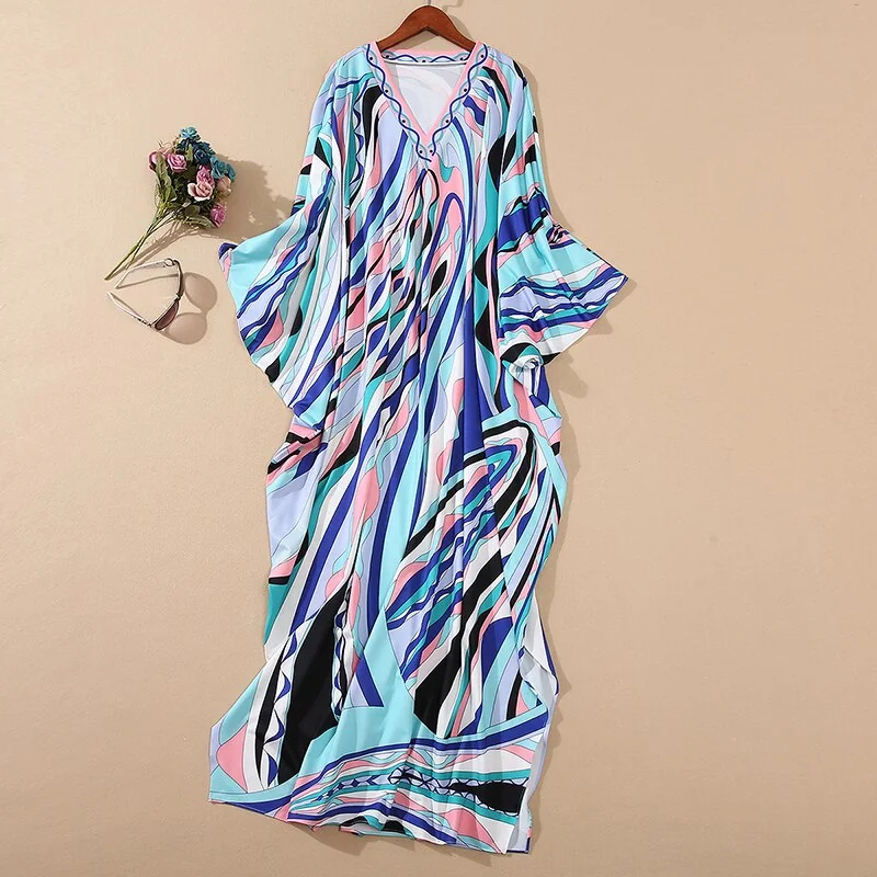 Women's Runway Dresses Sexy V Neck Batwing Sleeves Printed Knitted Loose Design Long Spit Fashion Dresses - Image 8