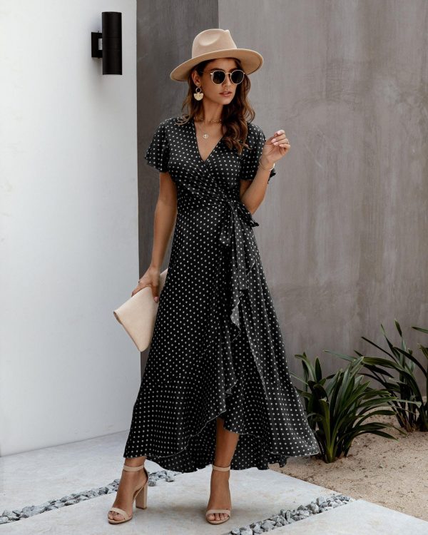 Summer Maxi Dress Women Polka Dot Sexy V Neck Ruffles Short Sleeve Holiday Long Beach Sundress Ladies Lace Up Wrap Party Dresses - Takalr