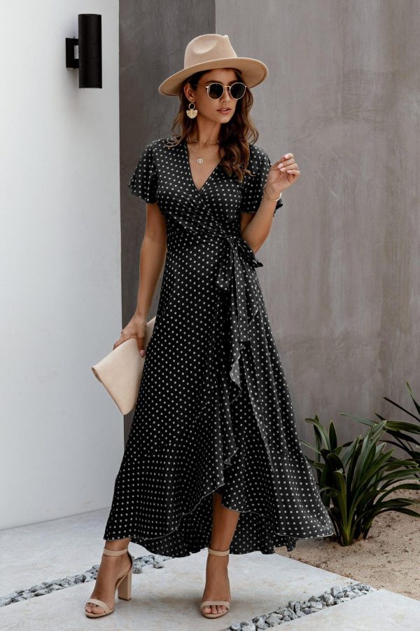 Summer Maxi Dress Women Polka Dot Sexy V Neck Ruffles Short Sleeve Holiday Long Beach Sundress Ladies Lace Up Wrap Party Dresses - Takalr