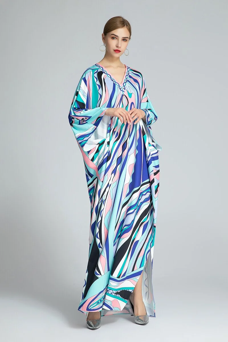 Women's Runway Dresses Sexy V Neck Batwing Sleeves Printed Knitted Loose Design Long Spit Fashion Dresses - Image 3