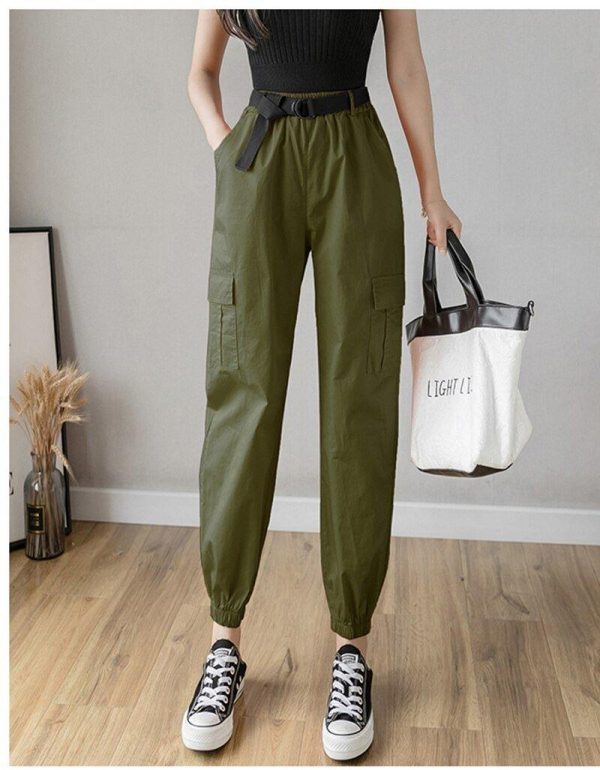 High Waist  Women's Looses Cargo Pants With belt nine-point harem pants Colorfur  high waist pants sashes pockets office pants - Takalr