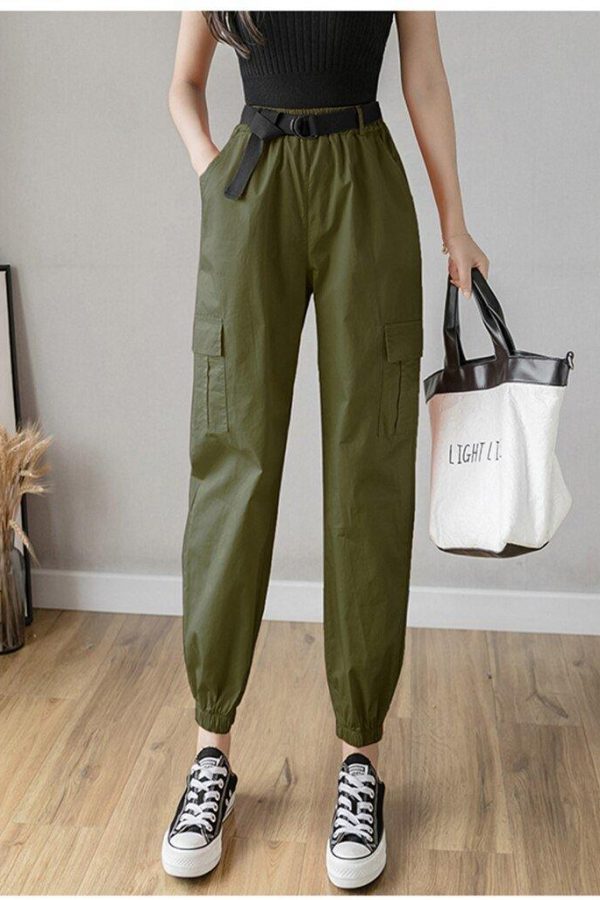 High Waist  Women's Looses Cargo Pants With belt nine-point harem pants Colorfur  high waist pants sashes pockets office pants - Takalr