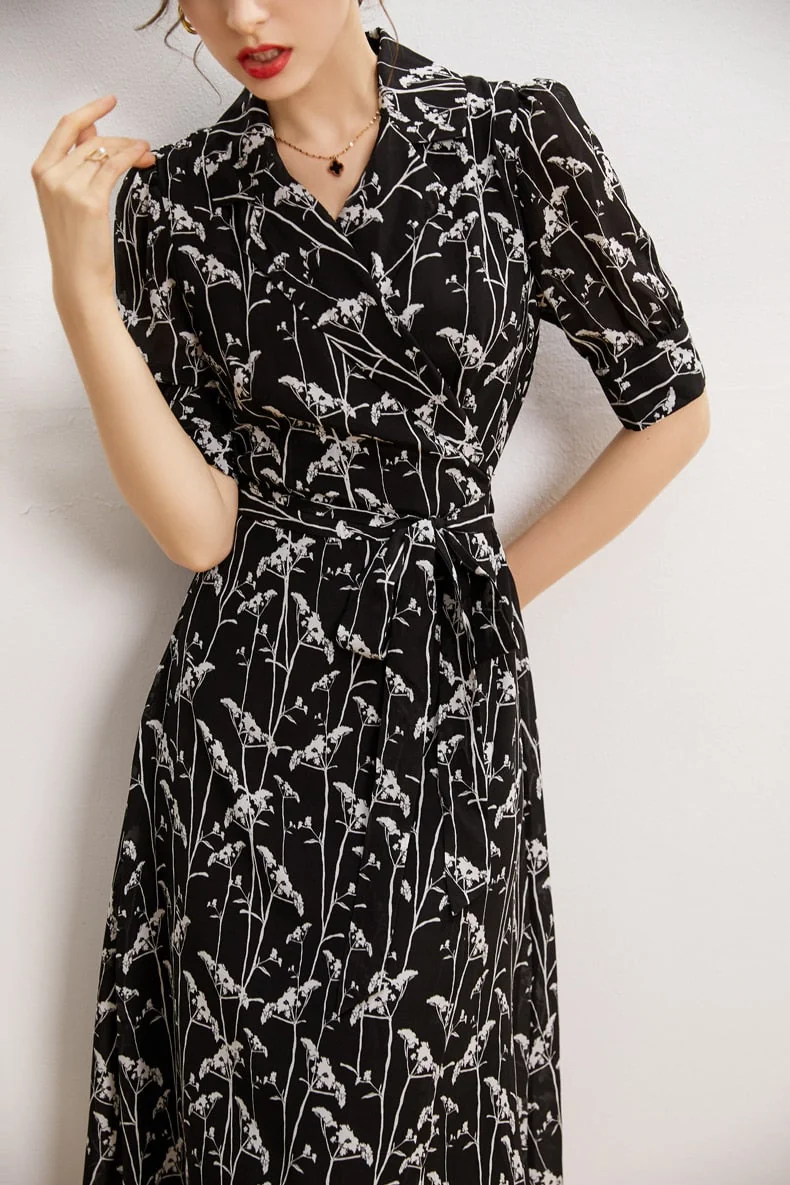 100% Natural Heavy Silk Women's Dresses Notched Collar Short Sleeves Sash Belt Printed Elegant Summer Dress Vestidos - Image 6