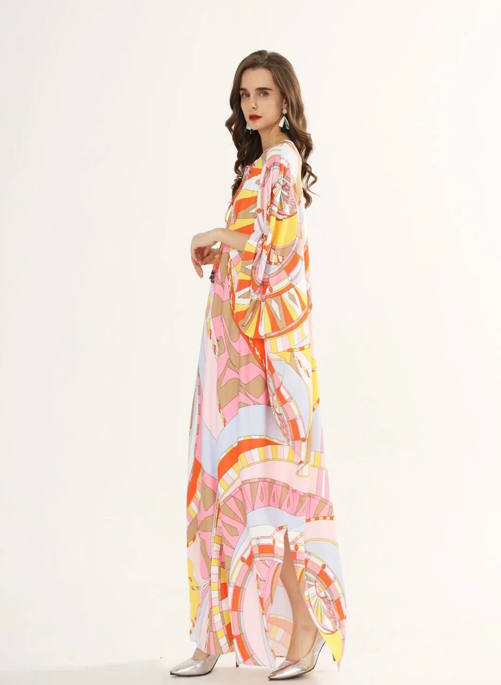 Women's Runway Dresses O Neck Lace Up Tassels Batwing Sleeves Printed Loose Plus Sizes Holiday Knitted Elastic Long Maxi Dress - Image 6