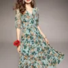100% Natural Silk Women's Dresses Sexy V Neck Half Sleeves Lace Piping Tiered Ruffles Printed Fashion Casual Dress Vestidos