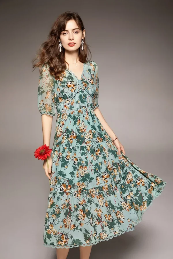 100% Natural Silk Women's Dresses Sexy V Neck Half Sleeves Lace Piping Tiered Ruffles Printed Fashion Casual Dress Vestidos
