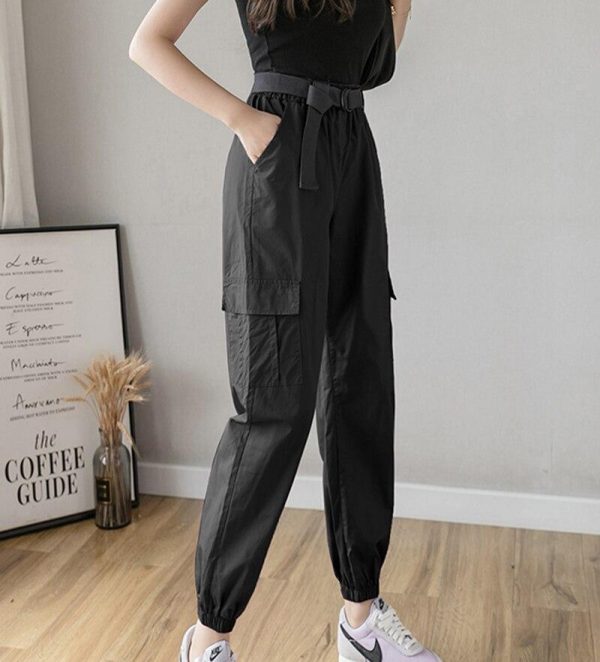 High Waist  Women's Looses Cargo Pants With belt nine-point harem pants Colorfur  high waist pants sashes pockets office pants - Takalr