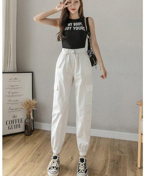 High Waist  Women's Looses Cargo Pants With belt nine-point harem pants Colorfur  high waist pants sashes pockets office pants - Takalr