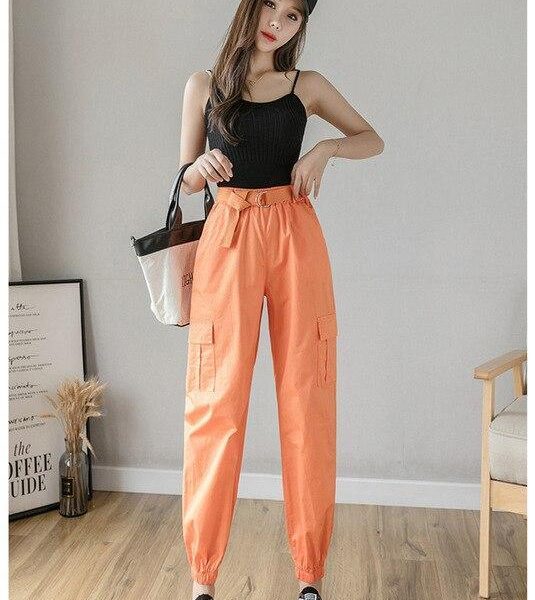 High Waist  Women's Looses Cargo Pants With belt nine-point harem pants Colorfur  high waist pants sashes pockets office pants - Takalr