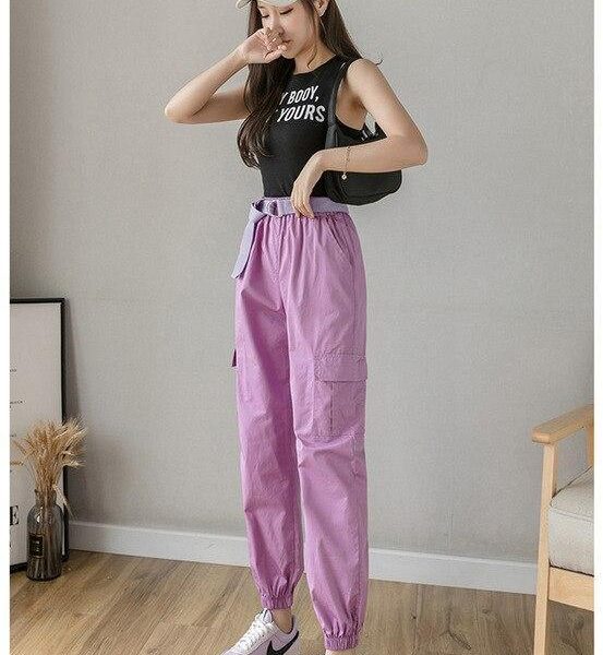 High Waist  Women's Looses Cargo Pants With belt nine-point harem pants Colorfur  high waist pants sashes pockets office pants - Takalr