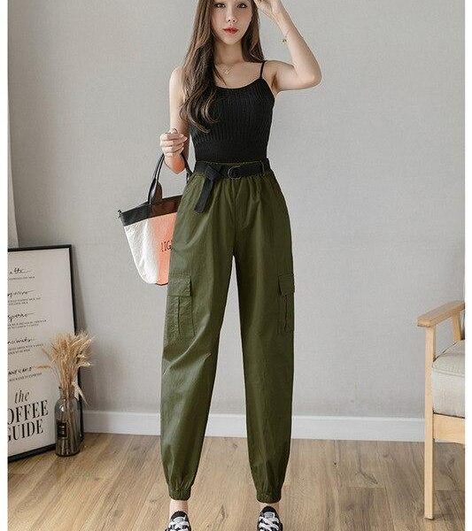 High Waist  Women's Looses Cargo Pants With belt nine-point harem pants Colorfur  high waist pants sashes pockets office pants - Takalr