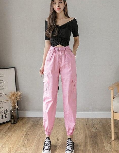 High Waist  Women's Looses Cargo Pants With belt nine-point harem pants Colorfur  high waist pants sashes pockets office pants - Takalr