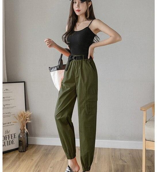 High Waist  Women's Looses Cargo Pants With belt nine-point harem pants Colorfur  high waist pants sashes pockets office pants - Takalr