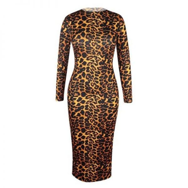 High neck long sleeve leopard print dress women Slim fit turtlenecek midi dresses Autumn Bodycon Party dress Vestidos - Takalr