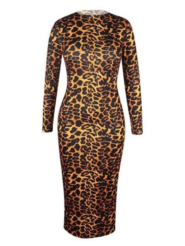 High neck long sleeve leopard print dress women Slim fit turtlenecek midi dresses Autumn Bodycon Party dress Vestidos - Takalr