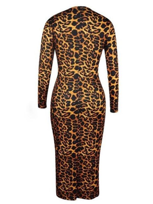 High neck long sleeve leopard print dress women Slim fit turtlenecek midi dresses Autumn Bodycon Party dress Vestidos - Takalr