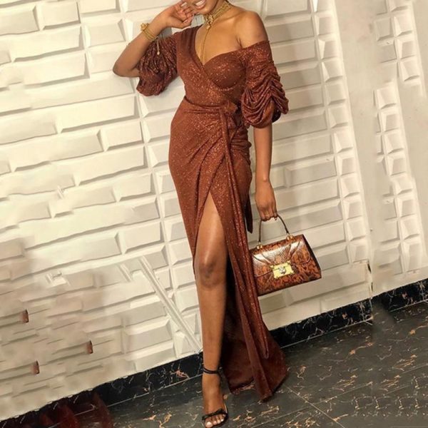 High slit long wrap dress women Half sleeve high waist shinny dresses autumn Elegant club party dress  v neck maxi vestidos - Takalr