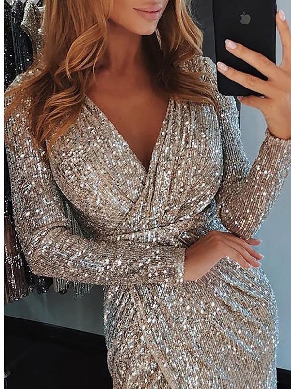 High slit sequined dress women Long sleeve plunge dresses v neck party dress Autumn asymmetrical bodycon vestidos mujer - Takalr