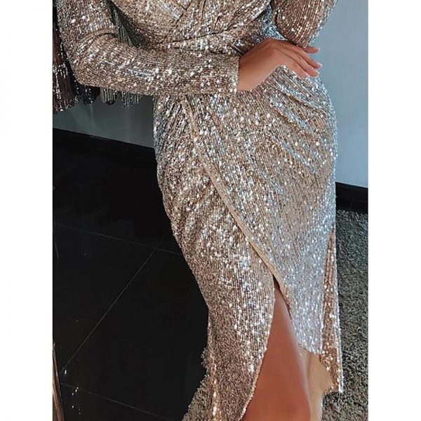 High slit sequined dress women Long sleeve plunge dresses v neck party dress Autumn asymmetrical bodycon vestidos mujer - Takalr