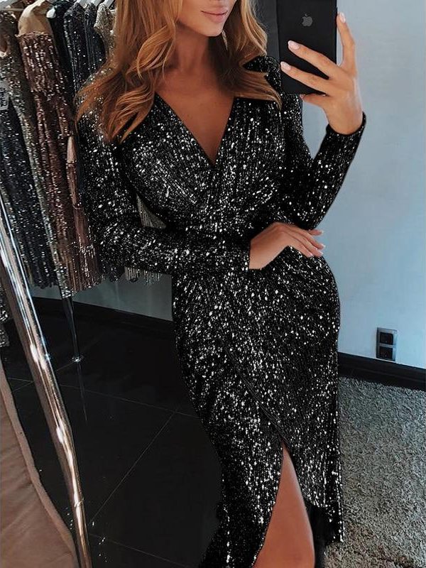 High slit sequined dress women Long sleeve plunge dresses v neck party dress Autumn asymmetrical bodycon vestidos mujer - Takalr