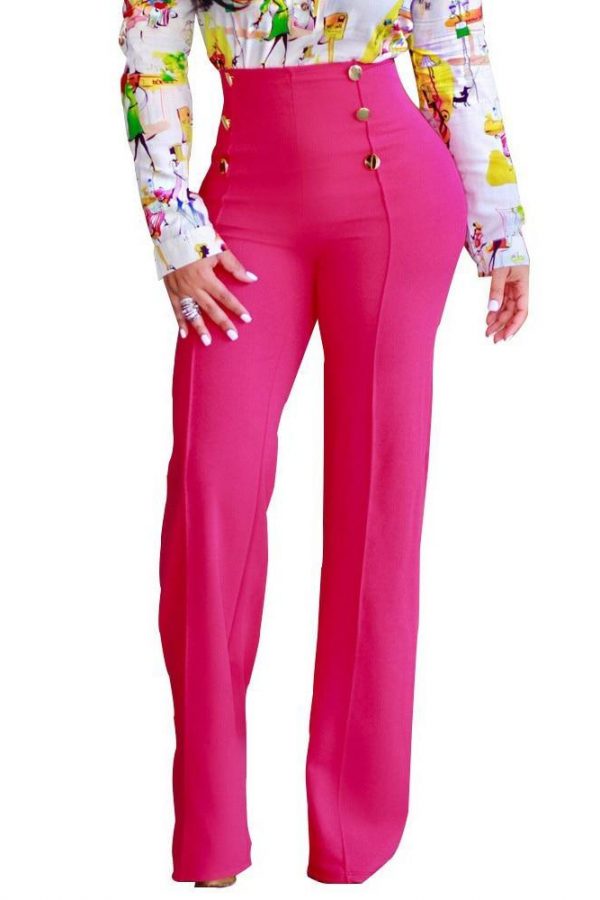 High waist double buttons long pants Women solid wide leg pants Elegant office ladies workwear pants Autumn maxi trousers - Takalr