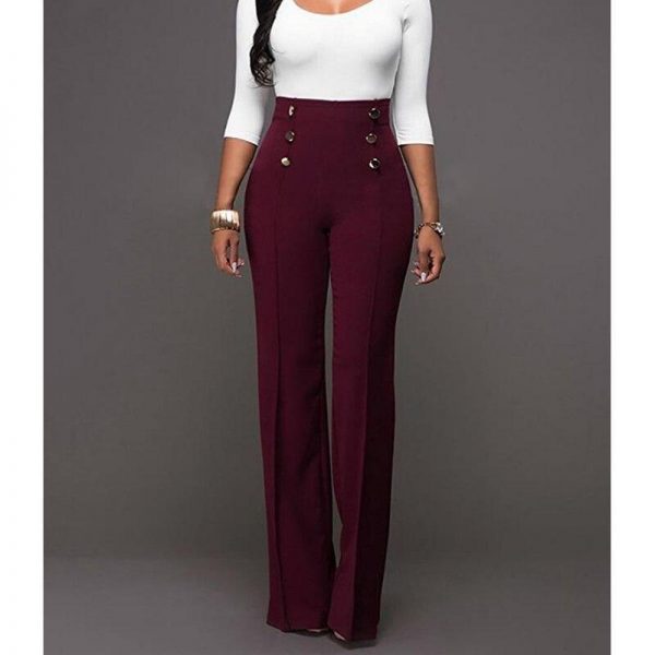 High waist double buttons long pants Women solid wide leg pants Elegant office ladies workwear pants Autumn maxi trousers - Takalr