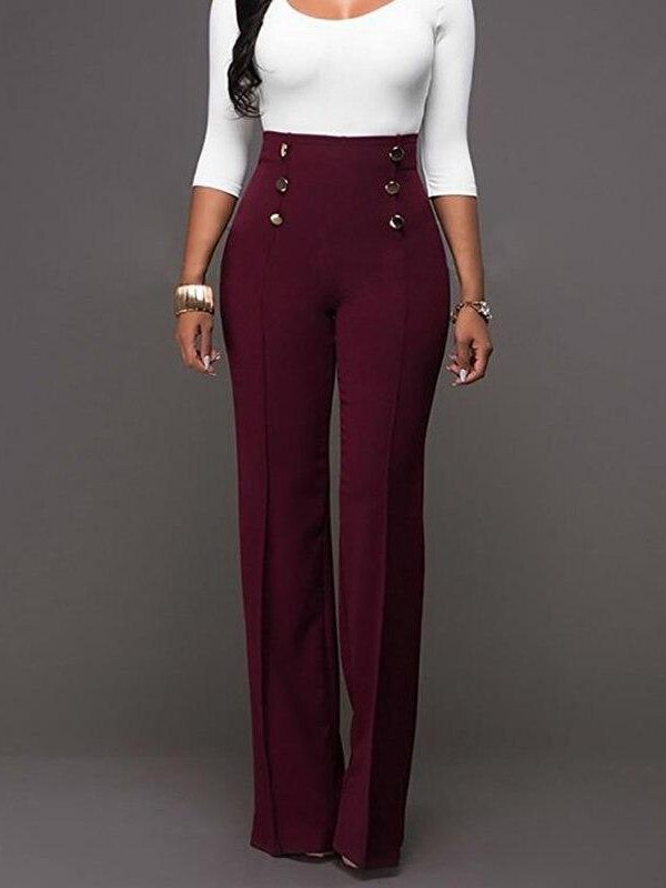 High waist double buttons long pants Women solid wide leg pants Elegant office ladies workwear pants Autumn maxi trousers - Takalr