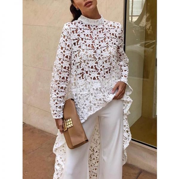 Hollow out lace blouse women Long sleeve turtleneck white blouse shirt Runway fashion long hem white pink tops femme spring - Takalr