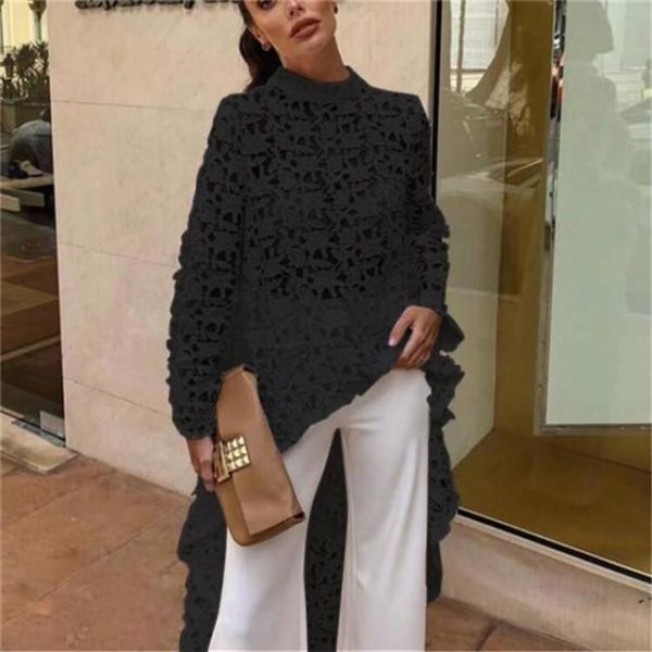 Hollow out lace blouse women Long sleeve turtleneck white blouse shirt Runway fashion long hem white pink tops femme spring - Takalr