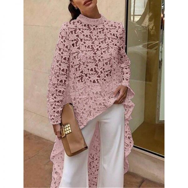 Hollow out lace blouse women Long sleeve turtleneck white blouse shirt Runway fashion long hem white pink tops femme spring - Takalr