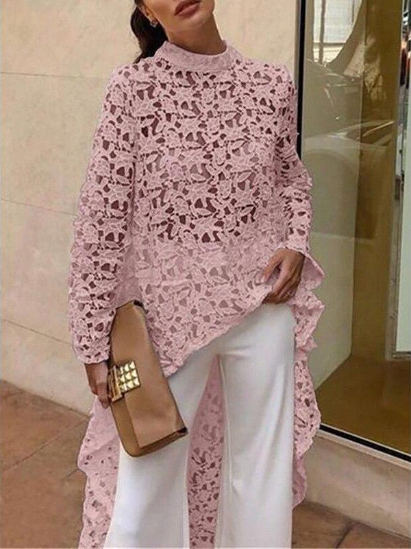 Hollow out lace blouse women Long sleeve turtleneck white blouse shirt Runway fashion long hem white pink tops femme spring - Takalr