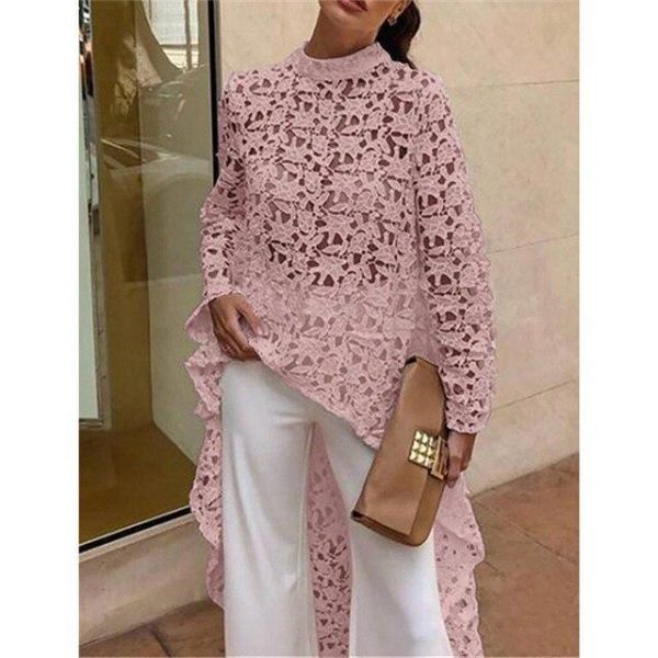 Hollow out lace blouse women Long sleeve turtleneck white blouse shirt Runway fashion long hem white pink tops femme spring - Takalr