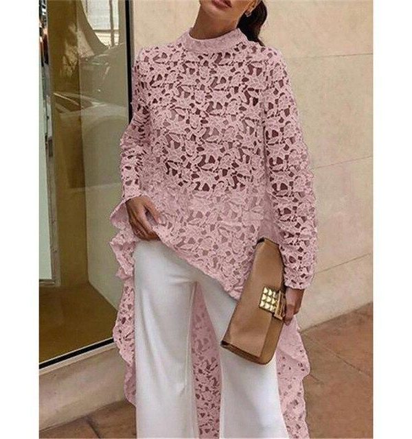 Hollow out lace blouse women Long sleeve turtleneck white blouse shirt Runway fashion long hem white pink tops femme spring - Takalr