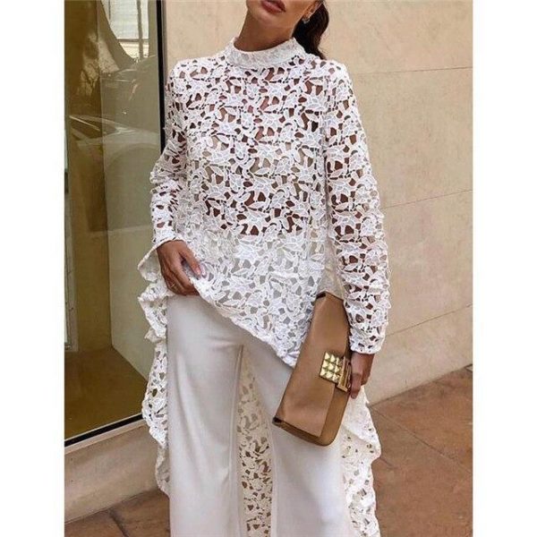 Hollow out lace blouse women Long sleeve turtleneck white blouse shirt Runway fashion long hem white pink tops femme spring - Takalr