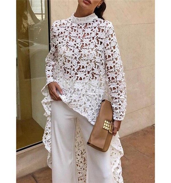 Hollow out lace blouse women Long sleeve turtleneck white blouse shirt Runway fashion long hem white pink tops femme spring - Takalr