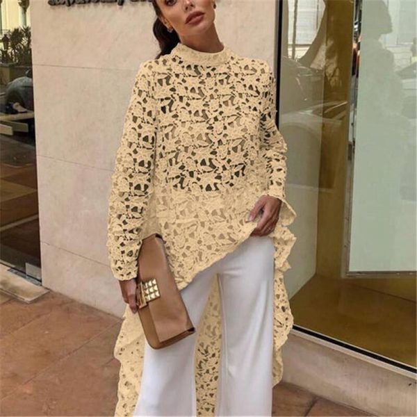 Hollow out lace blouse women Long sleeve turtleneck white blouse shirt Runway fashion long hem white pink tops femme spring - Takalr