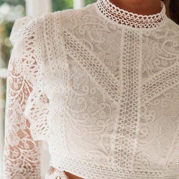 Hollow out lace t shirt women Floral crochet long sleeve tshirt Wide side white crop tops blusas mujer - Takalr