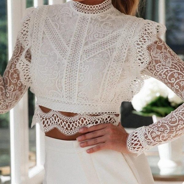 Hollow out lace t shirt women Floral crochet long sleeve tshirt Wide side white crop tops blusas mujer - Takalr